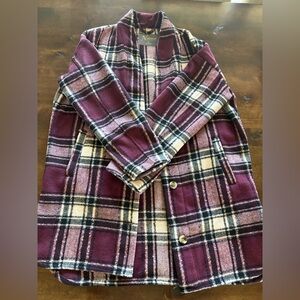 Natural Reflections Women's Plaid Pea Coat in Burgundy and Cream